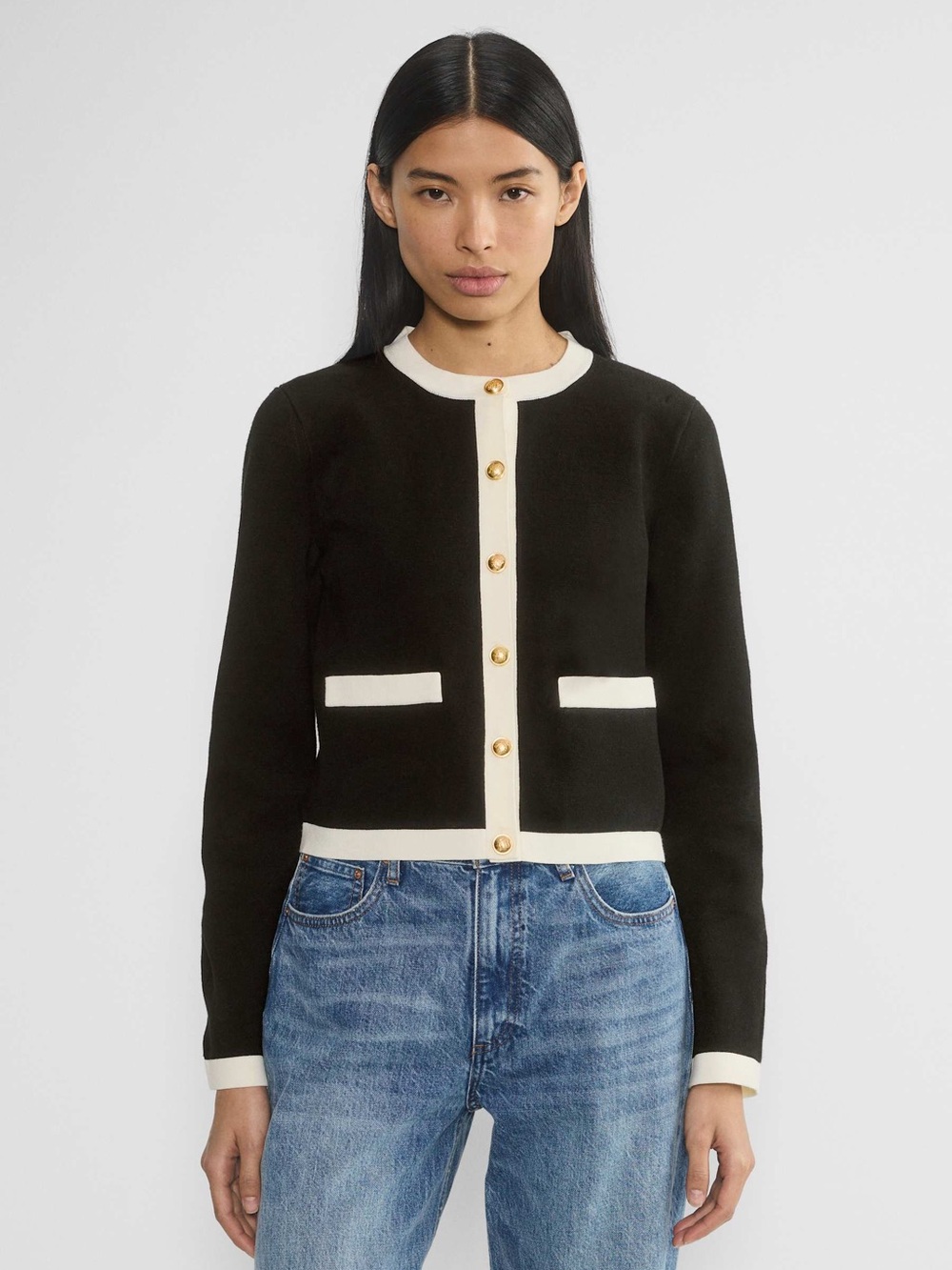 Artizia Babaton Black and Cream Contrast Trim Cardigan Jacket